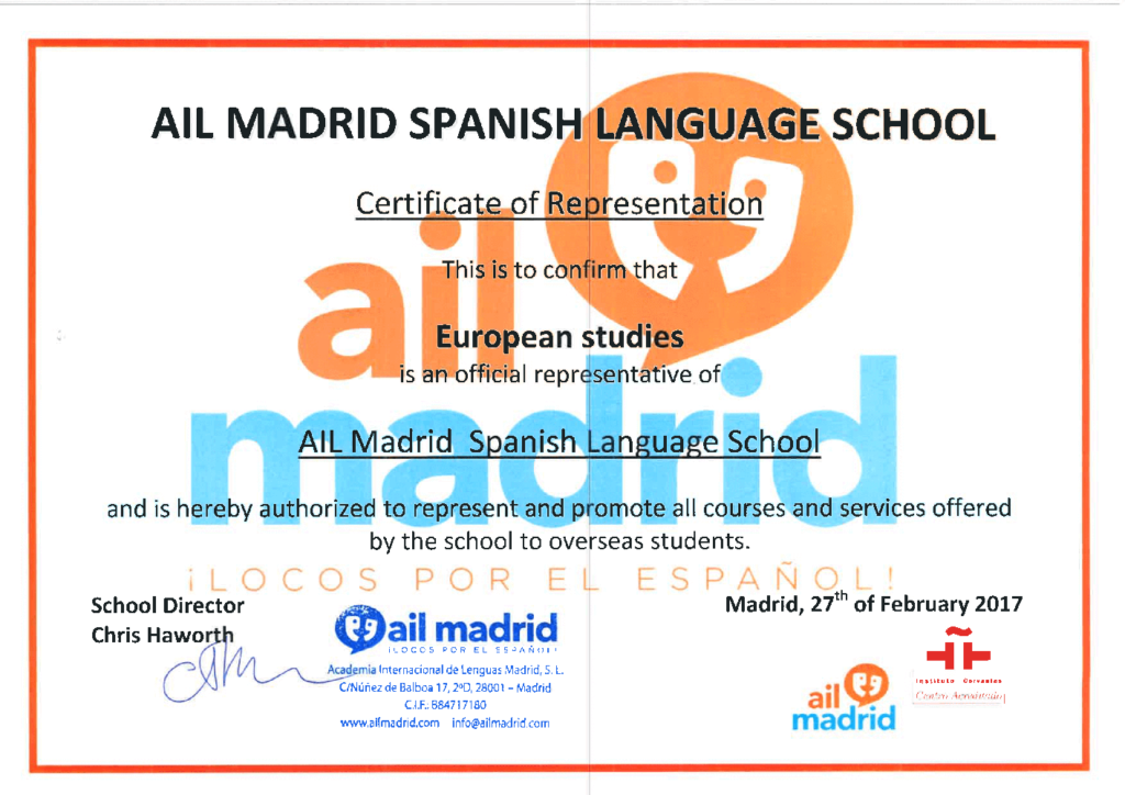 AIL Madrid 校方授與西遊國際之官方代理證明