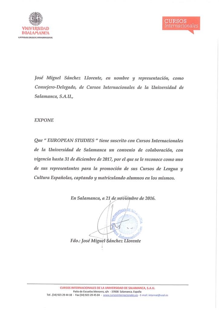 CIUSAL 薩拉曼卡大學 校方授與西遊國際之官方代理證明
