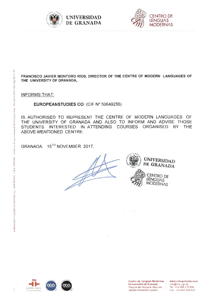 CLM-UGR 格拉納達大學 校方授與西遊國際之官方代理證明