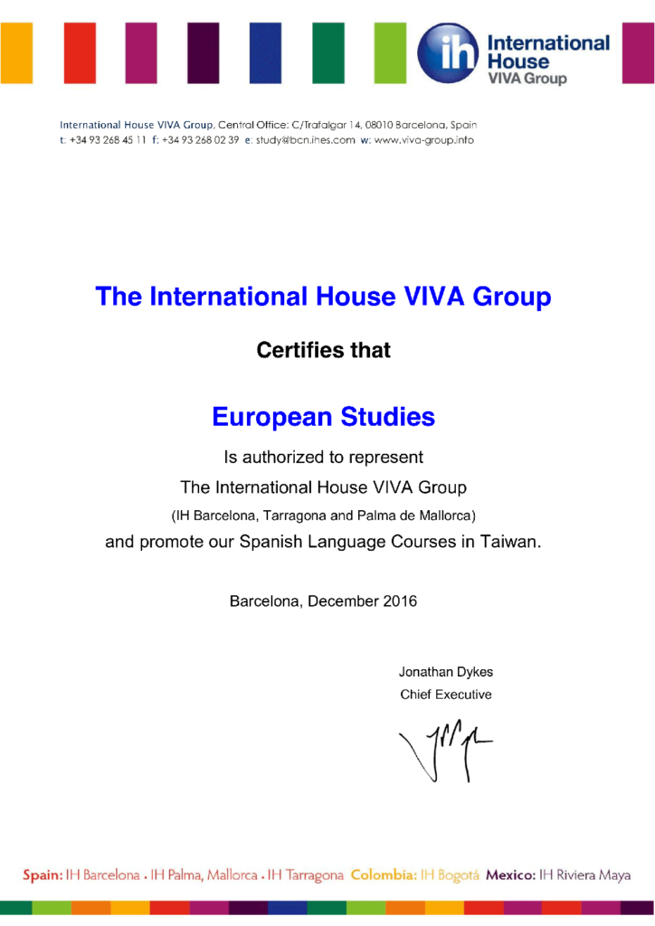 IH VIVA Group 校方授與西遊國際之官方代理證明