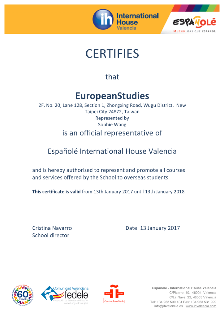 Españolé IH Valencia 校方授與西遊國際之官方代理證明