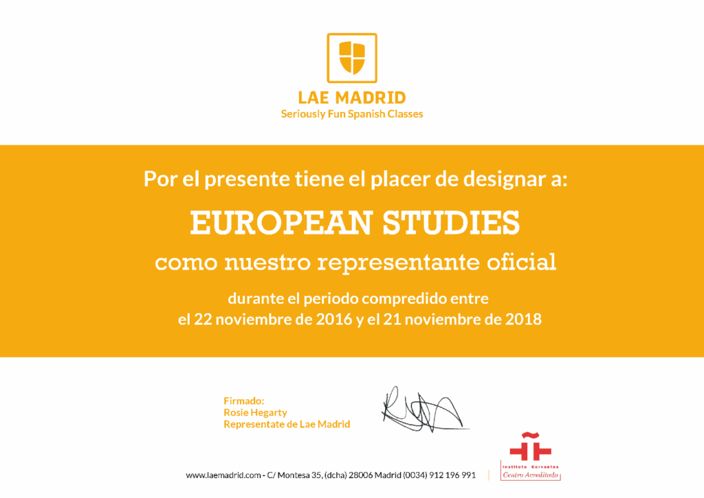 LAE Madrid 校方授與西遊國際之官方代理證明