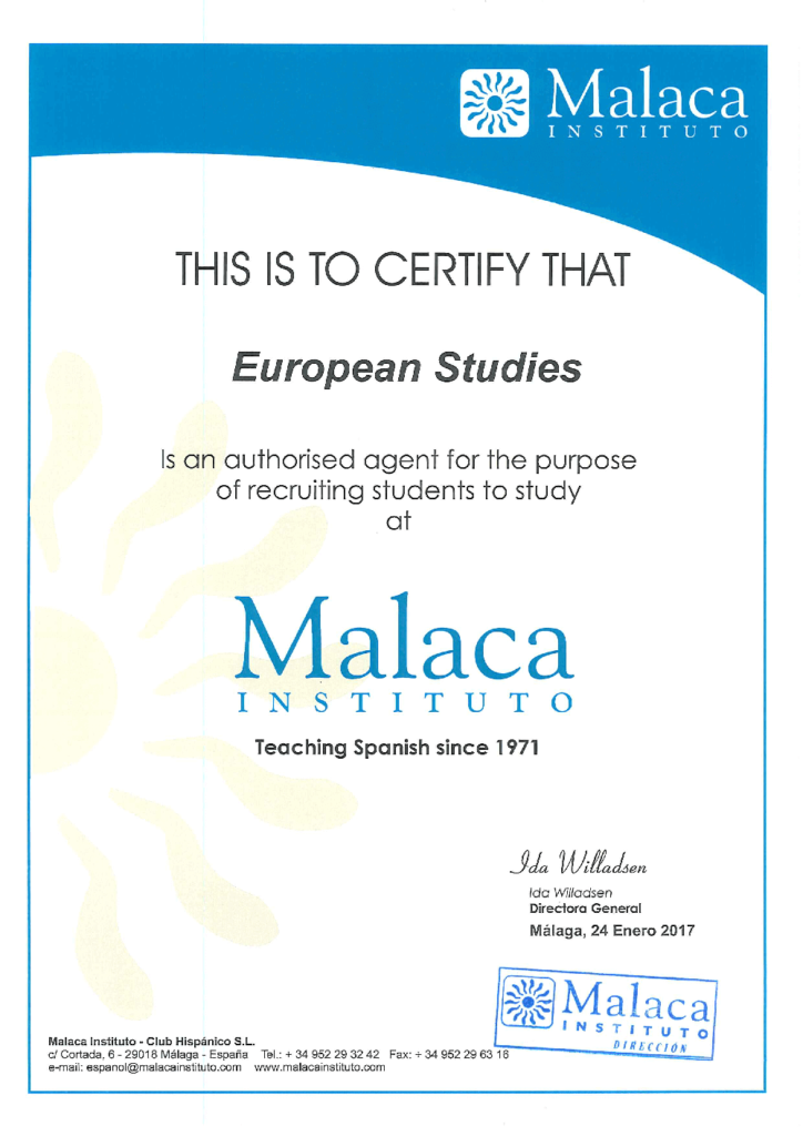 Malaca Instituto 校方授與西遊國際之官方代理證明